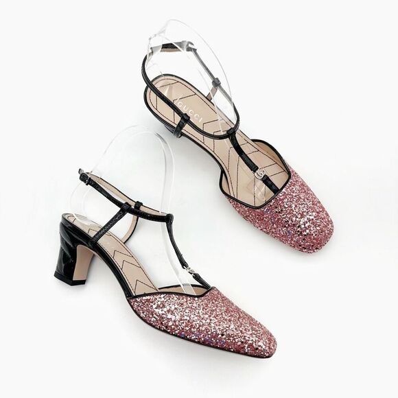 Gucci Shoes - GUCCI Pink Glitter T-Strap Embellished Size 37.5 US 7.5 Leather GG Marmont